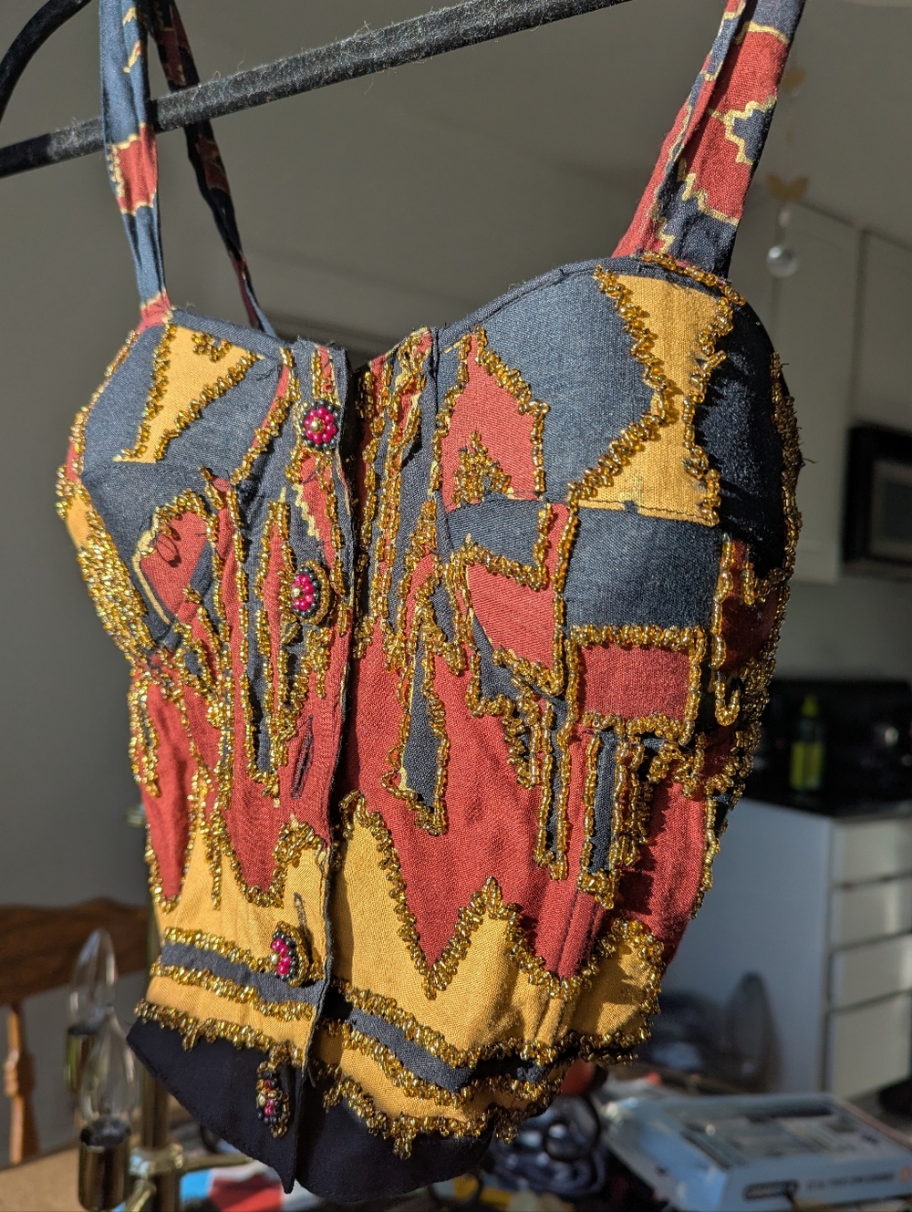 Vintage Paul Ropp Indonesian Abstract Beaded Bustier Crop Top In Earth Tones S